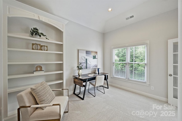 7319 Stonehaven Dr, Waxhaw, NC 28173 - office area featuring light carpet, baseboards, and built in features