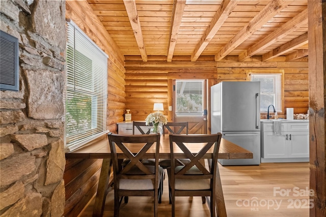 214 Mckenzie Way, Old Fort, NC 28762 - dining room with rustic walls, wooden ceiling with exposed beams, light wood-type flooring, and plenty of natural light