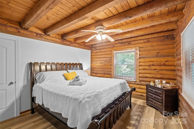 214 Mckenzie Way, Old Fort, NC 28762 - bedroom featuring wooden ceiling with exposed beams, wood finished floors, log walls, and a ceiling fan