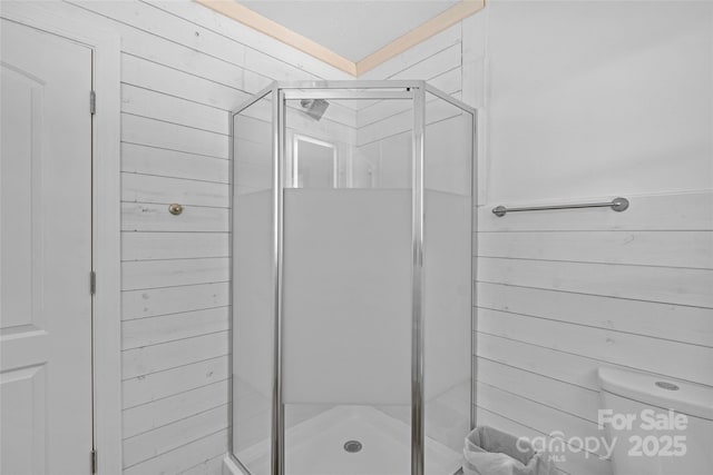 214 Mckenzie Way, Old Fort, NC 28762 - full bath with a stall shower, toilet, and wooden walls