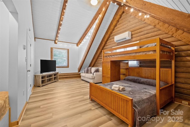 214 Mckenzie Way, Old Fort, NC 28762 - bedroom with a wall mounted air conditioner, track lighting, wood finished floors, baseboards, and wood ceiling with exposed beams