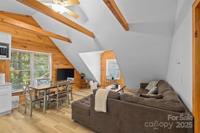214 Mckenzie Way, Old Fort, NC 28762 - living area featuring wood walls, light wood-style flooring, and ceiling fan