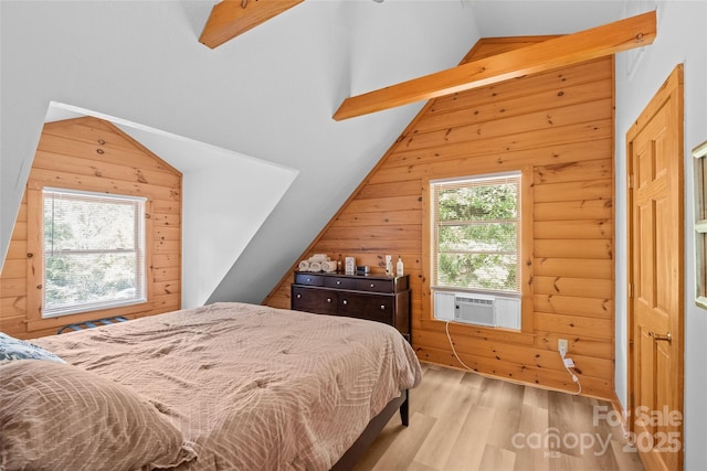 214 Mckenzie Way, Old Fort, NC 28762 - bedroom featuring vaulted ceiling, light wood-type flooring, cooling unit, and wood walls