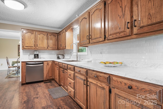 4026 Biggerstaff Rd, Maiden, NC 28650 - kitchen featuring stainless steel dishwasher, brown cabinets, ornamental molding, dark wood-style flooring, and backsplash