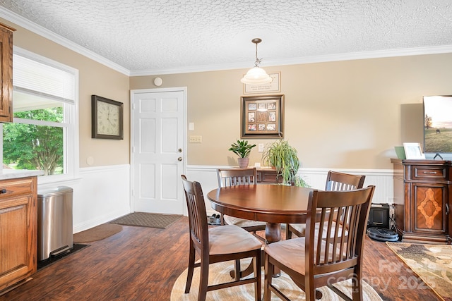 4026 Biggerstaff Rd, Maiden, NC 28650 - dining room featuring dark wood-style floors, wainscoting, ornamental molding, and a textured ceiling