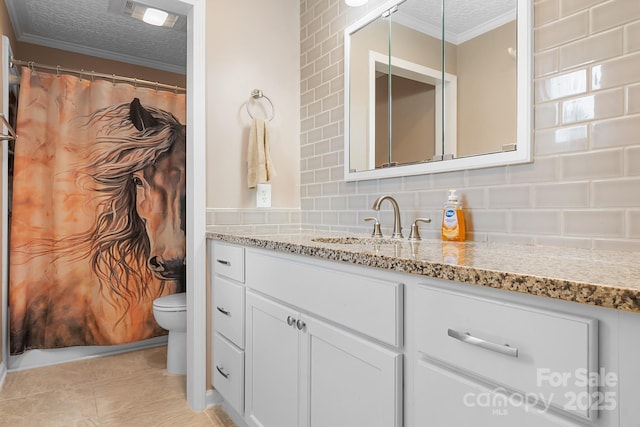 4026 Biggerstaff Rd, Maiden, NC 28650 - bathroom featuring vanity, a textured ceiling, crown molding, backsplash, and tile patterned floors