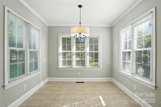 104 Fairwind Ct, Fort Mill, SC 29708 - unfurnished dining area featuring plenty of natural light, a chandelier, light tile patterned flooring, and crown molding