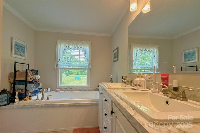 2449 Leonhardt Rd, Cherryville, NC 28021 - bathroom featuring double vanity, ornamental molding, and a garden tub