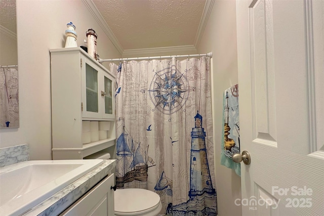 2449 Leonhardt Rd, Cherryville, NC 28021 - full bathroom featuring crown molding, a textured ceiling, vanity, toilet, and a shower with shower curtain