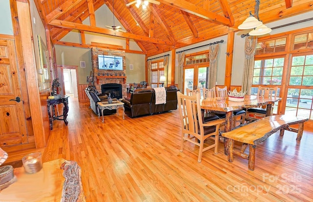 1250 Mountain Creek Rd, Rutherfordton, NC 28139 - dining area featuring high vaulted ceiling, healthy amount of natural light, wood ceiling with exposed beams, light wood finished floors, and a ceiling fan
