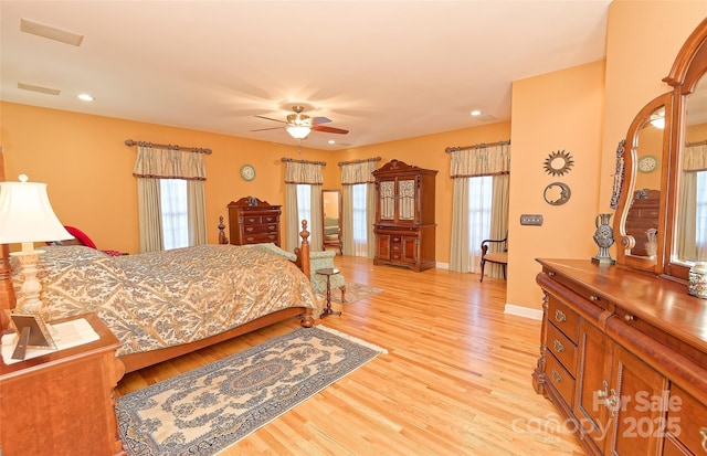 1250 Mountain Creek Rd, Rutherfordton, NC 28139 - bedroom with light wood-style floors, baseboards, recessed lighting, and ceiling fan
