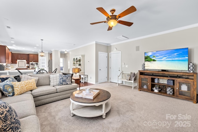 622 Lorain Ave NW, Concord, NC 28027 - living room featuring crown molding, a ceiling fan, light colored carpet, and recessed lighting
