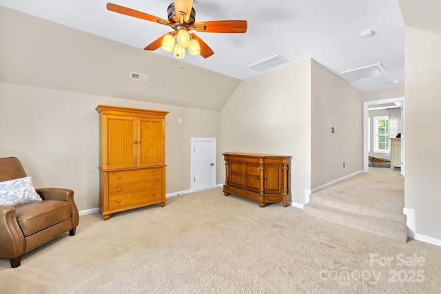 622 Lorain Ave NW, Concord, NC 28027 - living area featuring light colored carpet, attic access, ceiling fan, and lofted ceiling