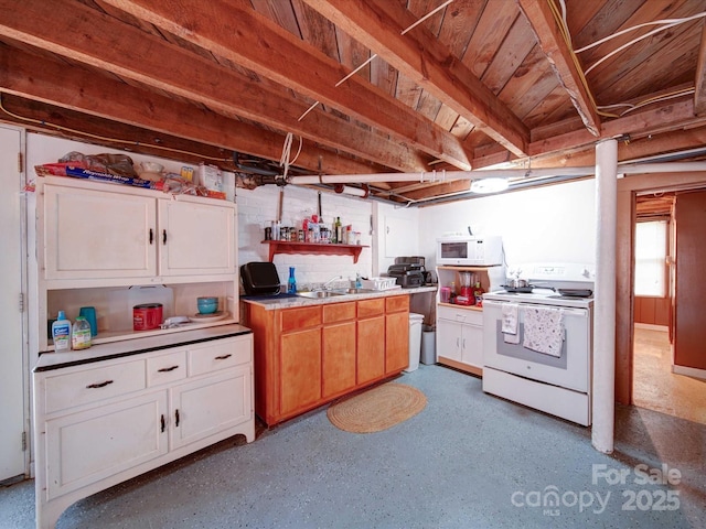 1614 Linwood Rd, Gaston, NC 28052 - kitchen featuring white appliances, white cabinetry, a sink, and wood ceiling