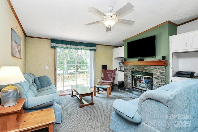 4104 Pebblebrook Cir SW, Concord, NC 28027 - carpeted living room featuring crown molding, a ceiling fan, and a fireplace