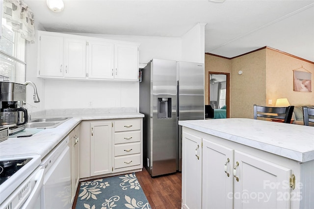 4104 Pebblebrook Cir SW, Concord, NC 28027 - kitchen with stainless steel refrigerator with ice dispenser, white dishwasher, a sink, dark wood-type flooring, and white cabinets