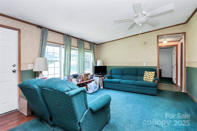 4104 Pebblebrook Cir SW, Concord, NC 28027 - living room featuring ornamental molding, wood finished floors, and a ceiling fan