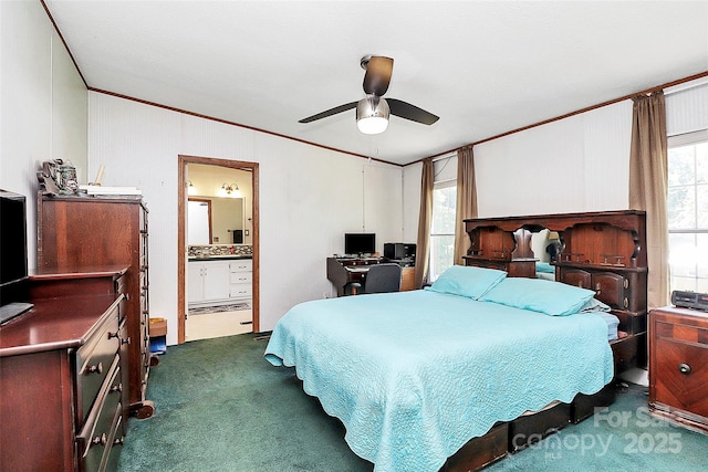 4104 Pebblebrook Cir SW, Concord, NC 28027 - bedroom with dark carpet, ceiling fan, ensuite bathroom, and crown molding
