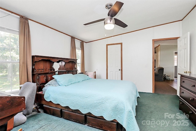 4104 Pebblebrook Cir SW, Concord, NC 28027 - bedroom with ornamental molding, carpet flooring, ceiling fan, and lofted ceiling