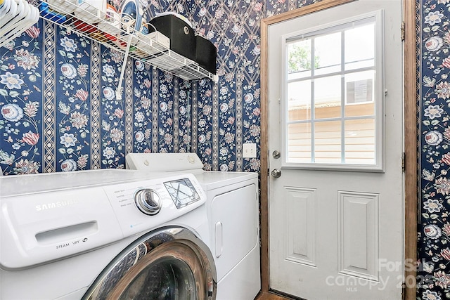 4104 Pebblebrook Cir SW, Concord, NC 28027 - laundry area featuring separate washer and dryer and wallpapered walls