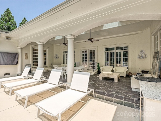 4300 Cameron Oaks Dr, Charlotte, NC 28211 - view of patio / terrace featuring french doors, an outdoor hangout area, and ceiling fan
