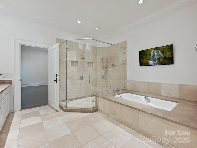 4300 Cameron Oaks Dr, Charlotte, NC 28211 - full bathroom featuring ornamental molding, a stall shower, a bath, vanity, and recessed lighting