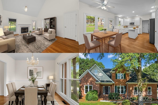 765 Portpatrick Pl, Fort Mill, SC 29708 - dining area with light wood-style flooring, vaulted ceiling, a chandelier, a ceiling fan, and a fireplace