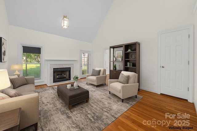 765 Portpatrick Pl, Fort Mill, SC 29708 - living area featuring high vaulted ceiling, wood finished floors, a fireplace, and baseboards