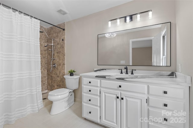 5916 Cashion Rd, Huntersville, NC 28078 - bathroom with toilet, vanity, tile patterned floors, and a shower with shower curtain
