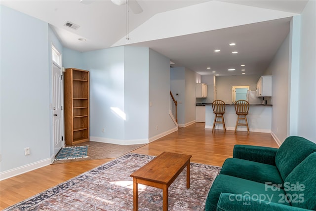 55 Outlook Cir, Swannanoa, NC 28778 - living room featuring light wood-style floors, stairs, ceiling fan, recessed lighting, and baseboards