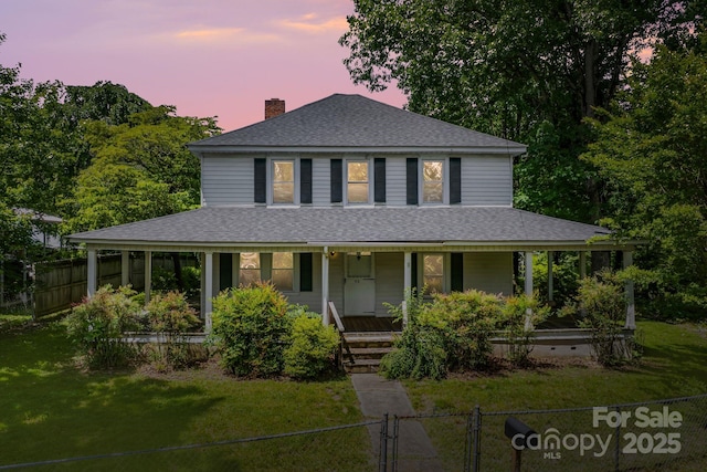113 4th St, Black Mountain, NC 28711 - farmhouse featuring a shingled roof, a porch, a gate, and a chimney