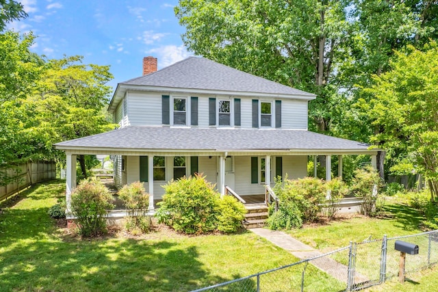 113 4th St, Black Mountain, NC 28711 - farmhouse with a porch, a chimney, a shingled roof, and a gate