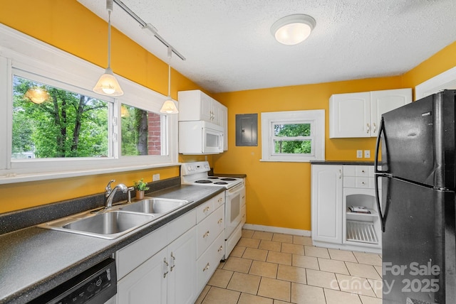 113 4th St, Black Mountain, NC 28711 - kitchen with white appliances, a sink, a textured ceiling, white cabinetry, and electric panel