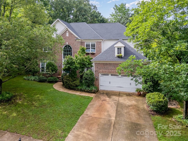 8219 Beardsley Dr, Charlotte, NC 28269 - view of front of house featuring brick siding, a front yard, driveway, and a shingled roof