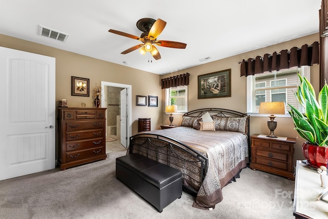 708 Ardent Trl, Belmont, NC 28012 - bedroom with light colored carpet, connected bathroom, and ceiling fan