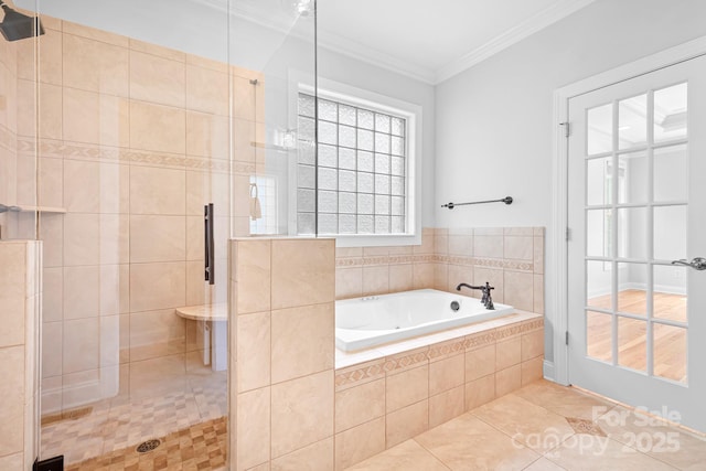 9112 Butterfly Ct, Gastonia, NC 28056 - full bathroom featuring a stall shower, a garden tub, tile patterned flooring, and ornamental molding