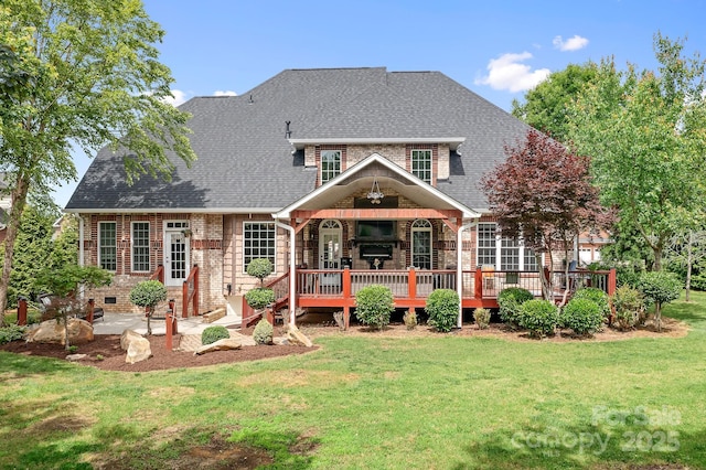 9112 Butterfly Ct, Gastonia, NC 28056 - view of front of home featuring a front lawn, a deck, brick siding, a patio, and roof with shingles