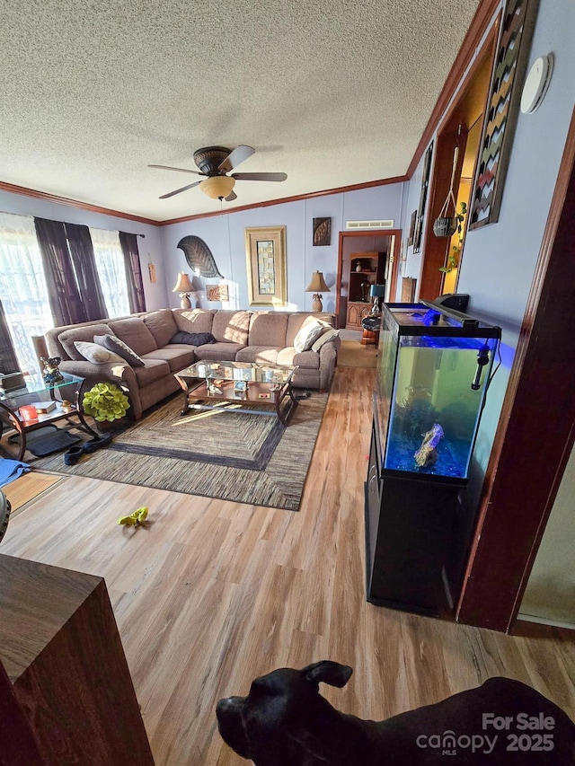 110 Dorothy Ln, Mooresville, NC 28117 - living room featuring ornamental molding, a textured ceiling, wood finished floors, and a ceiling fan
