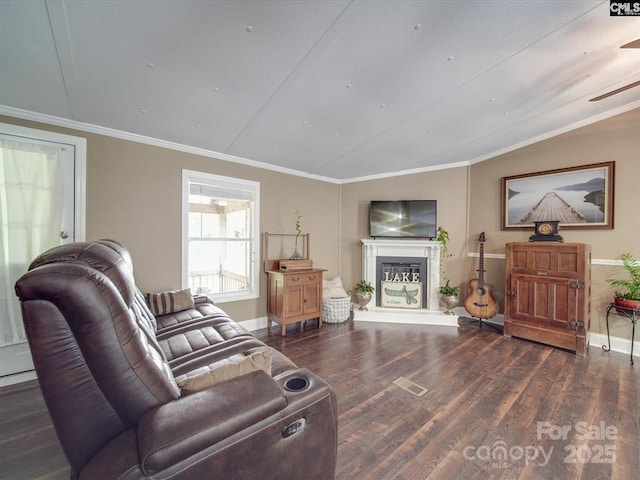 1989 White Oak Rd, Camden, SC 29020 - living room featuring wood finished floors, baseboards, a glass covered fireplace, crown molding, and ceiling fan