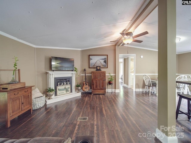 1989 White Oak Rd, Camden, SC 29020 - living room with a ceiling fan, wood finished floors, a fireplace with raised hearth, baseboards, and crown molding