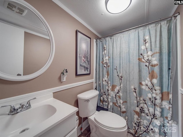 1989 White Oak Rd, Camden, SC 29020 - full bathroom with vanity, toilet, a textured ceiling, crown molding, and a shower with shower curtain