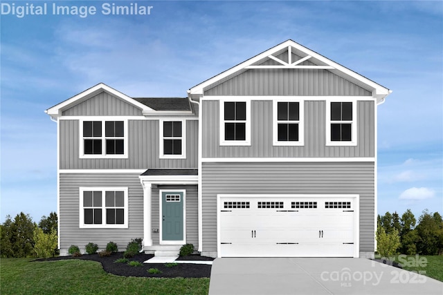 10116 Florentine Way, Charlotte, NC 28214 - view of front of property with concrete driveway, a front yard, an attached garage, board and batten siding, and roof with shingles