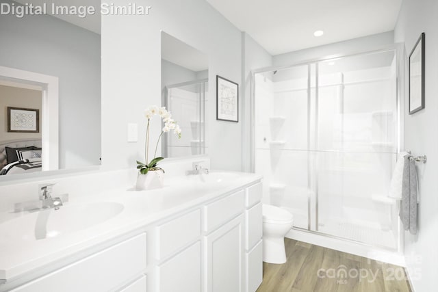 10116 Florentine Way, Charlotte, NC 28214 - ensuite bathroom featuring toilet, a stall shower, double vanity, and wood finished floors