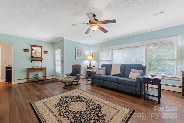 58 Campbell Creek Rd, Maggie Valley, NC 28751 - living area with baseboard heating, a ceiling fan, wood finished floors, ornamental molding, and a textured ceiling