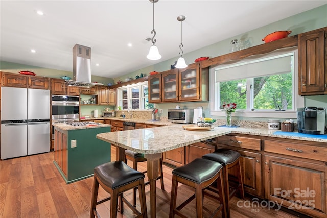 58 Campbell Creek Rd, Maggie Valley, NC 28751 - kitchen with stainless steel appliances, island exhaust hood, glass insert cabinets, a center island, and light wood-style floors