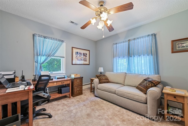 58 Campbell Creek Rd, Maggie Valley, NC 28751 - carpeted office with a baseboard heating unit, a ceiling fan, a textured ceiling, and a baseboard radiator