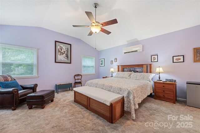 58 Campbell Creek Rd, Maggie Valley, NC 28751 - bedroom featuring vaulted ceiling, light colored carpet, multiple windows, and an AC wall unit