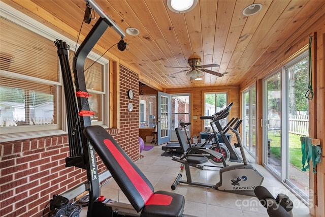 58 Campbell Creek Rd, Maggie Valley, NC 28751 - exercise area with wooden ceiling, a ceiling fan, and brick wall