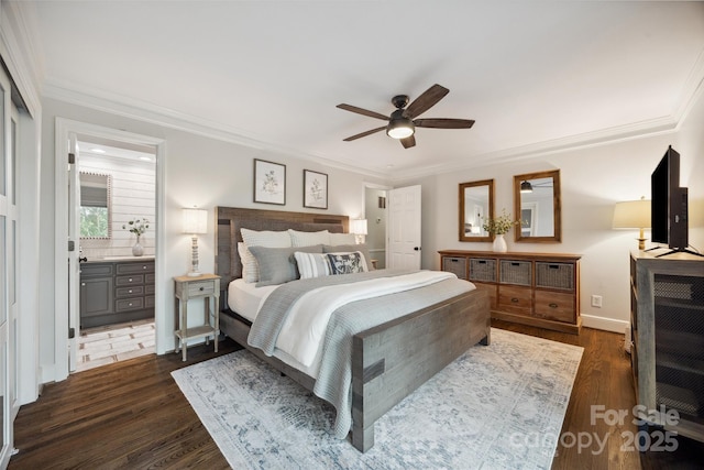 2004 Marquesas Ave, Tega Cay, SC 29708 - bedroom featuring dark wood-style floors, ornamental molding, ensuite bathroom, and a ceiling fan