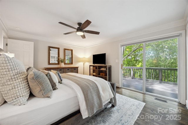 2004 Marquesas Ave, Tega Cay, SC 29708 - bedroom featuring access to outside, ornamental molding, wood finished floors, and a ceiling fan